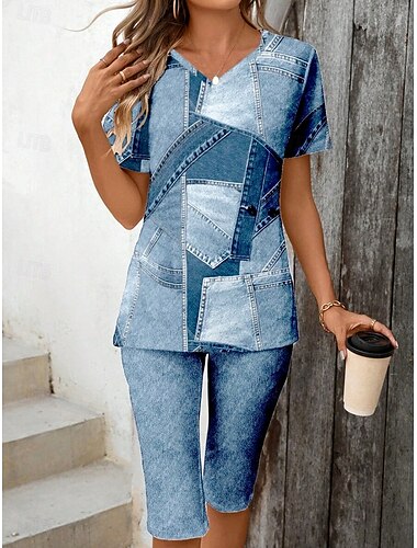  Damen Mode Stilvoll T Shirt Shorts-Sets Kurzarm V Ausschnitt Grafik Geometrisch 3D Patchwork Druck Alltagstauglich Schwarz Tintenblau Leicht Blau Sommer Normale Passform