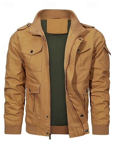  Men's Trucker Jacket Cargo Jacket Casual Jacket Vacation Daily Pocket Spring Fall Plain Fashion Classic Stand Collar Regular Black Khaki Army Green Jacket