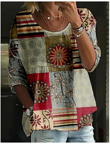  Dam Blus Geometrisk Färgblock Retro / vintage Etnisk 3/4 ärm Rund hals Vanliga toppar Dagligen Helgdag Mönster Vin Grön Sommar