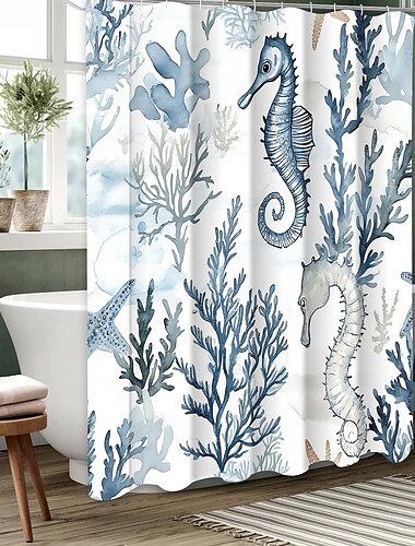  Duschvorhang mit Meerestier-Schildkröte und Haken für Badezimmer, Duschvorhang, Badezimmer-Dekor-Set, Polyester, wasserdicht, 12 Stück, Kunststoffhaken