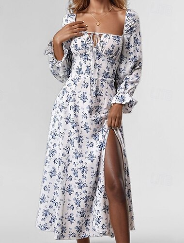  Damen Maxikleid Milchmädchen-Kleid Urlaub Party Geburtstag Laternenärmel Outdoor Urlaub Täglich Standard Passform Blumen Langarm Quadrathals Weiß Blau Purpur Gold Sommer Frühling Herbst