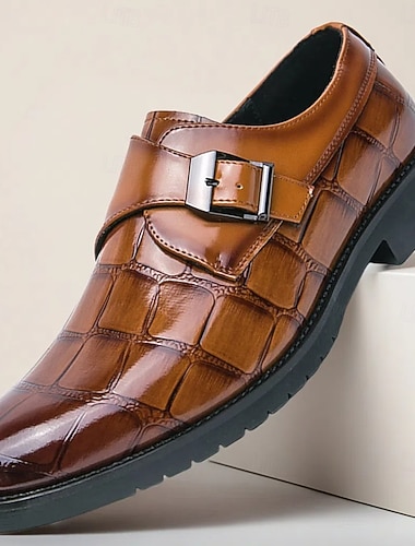  Brune herresko med munkestropper i kunstskinn og krokodillemønster – elegante formelle sko til kontor og forretningsarrangementer