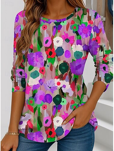  Damen T Shirt Blumen Grafik Vintage Stilvoll Lässig Langarm Rundhalsausschnitt Normale Oberteile Täglich Wochenende Druck Rote Blau Purpur Grün Sommer