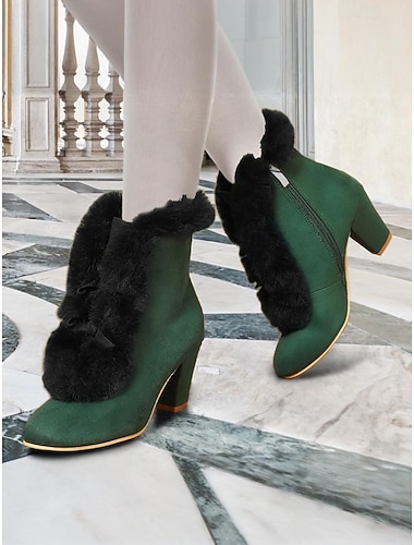  Botas de tacón alto con ribete de piel de ante verde victoriano para mujer con cremallera lateral: perfectas para el estilo vintage y la moda invernal