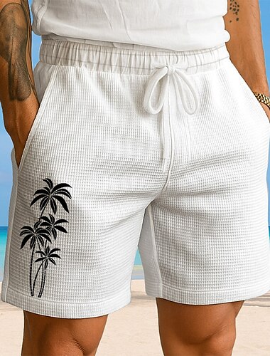  男性用 ココナッツの木 熱帯植物 ワッフルショーツ スウェットショーツ カジュアルショーツ ミディアムウエスト ファッションカジュアル バケーション ジョギング いい結果 伸縮性のあるドローストリングウエスト ポケット付きショートパンツ デザイナー 衣類