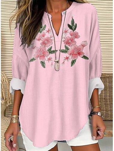  Damen Sommeroberteile Blumen Grafik Vintage Tropisch Hawaiianisch Langarm V Ausschnitt Normale Oberteile Täglich Ferien Strandbekleidung Druck Weiß Rosa Purpur Grau Sommer Frühling