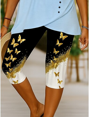  Damen Leggings Elegant Urlaub Mode Capris Hohe Taille Grafik Schmetterling Glitzernd Dehnbar Outdoor Urlaub Lässig Gelb Rosa Blau Sommer Frühling Schmaler Schnitt