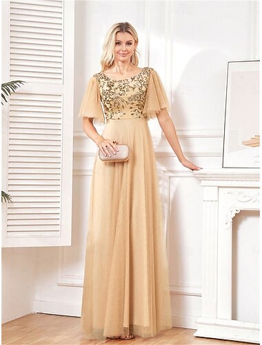  A-formet Quinceanera kjoler Elegant kjole Formell Bryllup Gulvlengde Kort erm Rund hals Tyll med paljetter
