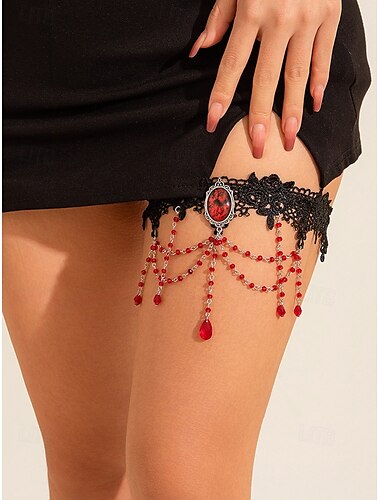  Catena da coscia in pizzo vintage gotico da donna con catena di cristallo rosso - gioielli elastici per la coscia per feste di Halloween, cosplay e occasioni vintage