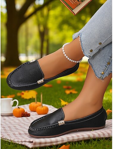  Schwarze, flexible Mokassins für Damen – weiche, faltbare Freizeit-Fahrschuhe für Herbstpicknicks, Gartenpartys und Reisen