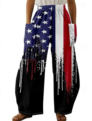  Damen Weites Bein Hosen Hose Gerade Streetwear Lässig Volle Länge Hohe Taille Nationalflagge Tasche Elastischer Bund Atmungsaktivität Weich Mikroelastisch Urlaub Straße Alltagskleidung Schwarz