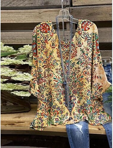  Dam Skjorta Blommig Stylish 3/4 ärm Rund hals Vanliga toppar Dagligen Helgdag Mönster Gul Vin Grön Sommar