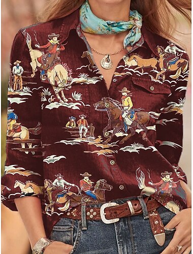  Damen Hemd Grafik Tiermotiv Vintage Täglich Stilvoll Langarm Hemdkragen Normale Oberteile Arbeit Täglich Knöpfe Druck Schwarz Wein Blau Grün Sommer Frühling