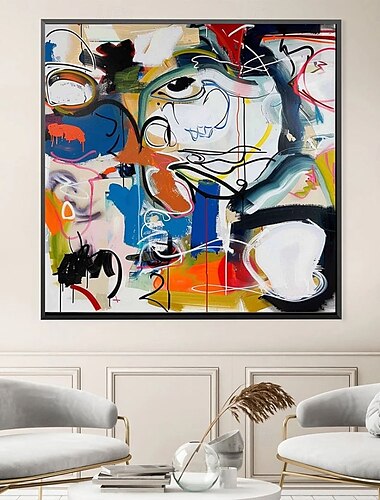  Pop-Art-Gemälde, handgefertigt, abstraktes Ölgemälde von Pablo Picasso, kräftige Farbblockierung, ausdrucksstarke Pinselstriche, blau-orangefarbener Kontrast, dynamische Strichzeichnungen, modernes