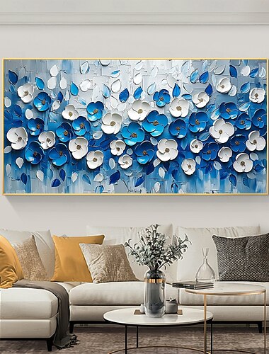  handgemachtes originales blaues florales Strukturölgemälde auf Leinwand abstrakte Blumenwandkunst für Wohndekoration mit gespanntem Rahmen ohne Innenrahmengemälde