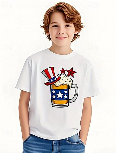  Amerikanischer Unabhängigkeitstag Jungen 3D Grafik Flagge T-Shirt Kurzarm Sommer Frühling Mode Basic Kinder 4-12 Jahre Rundhalsausschnitt Outdoor Lässig Täglich Normale Passform