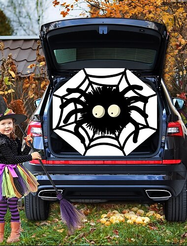  Banner de carro com guloseimas de Halloween, decoração de carro, decorações de Halloween fantasma, decoração de carro em tecido de Halloween, decoração de porta-malas de carro de Halloween, revestimento de parede de abóbora fantasma