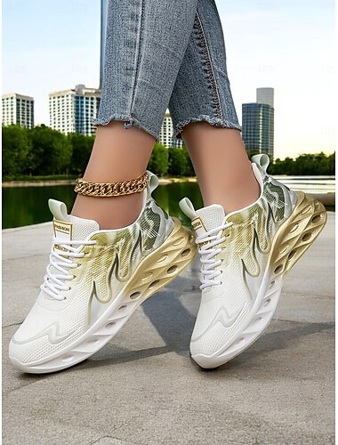  Atmungsaktive Damen-Laufsneaker mit goldenem Farbverlauf – leichte Mesh-Sportschuhe für das tägliche Training, Joggen oder den urbanen Style