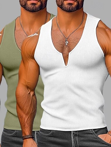  Herr Våffellinne Linne Väst Undertröjor Ärmlös V-hals Sommar Slät Mode Klassisk Ledigt 2 st Gata Ledigt Sport Vit + khaki Grön & Vit Blå+khaki Topp t-shirt för män
