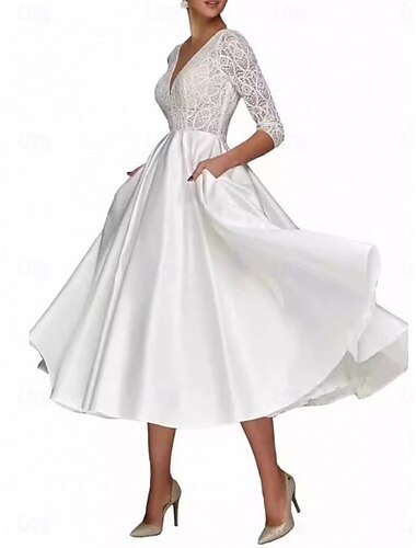  Abito A-Line per la madre della sposa Abito elegante Semplice V Neck Lunghezza alla caviglia Poliestere Manica 3/4 con colore solido
