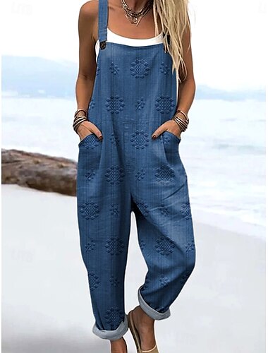  Dam Jumpsuits Aktiv Blommig Ärmlös Snörning Semester Gata Lös passning Rubinrött Marinblå Grön Sommar