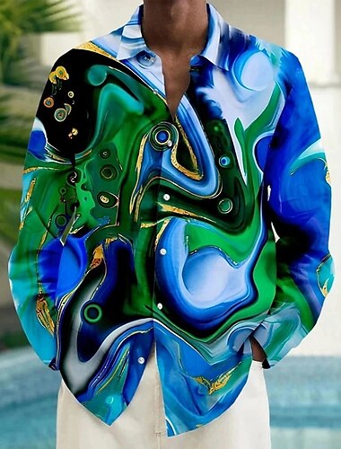  Herren Geometrisch Marmor Abstrakte flüssige Kunst Hemd Knopfhemd Langarm Modisch lässig Urlaub Täglich Streetwear Frühling Herbst Umlegekragen 3D-Druck Hemden mit Kragen Eine Tasche vorne Blau