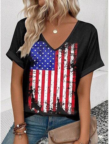  T-Shirt Patriottica da Donna Grafica Bandiera Vintage Elegante Manica Corta V Collo Regolari Top Stampa Weekend Nera Rossa Blu Estate Primavera