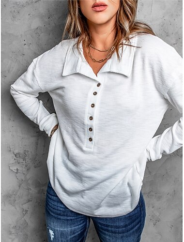  Damen Bluse Einfarbig Stilvoll Lässig Langarm Hemdkragen Normale Oberteile Täglich Knöpfe Schwarz Weiß Marineblau Himmelblau Khaki Sommer Frühling