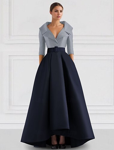  Blau Rot A-Linie Satin Formelles Abendkleid Elegantes Herbsthochzeitsgast Kleid Smoking Kleid Asymmetrische 3/4 Länge Ärmel Kragen mit Tasche 2025