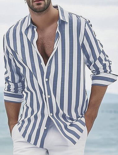  Per uomo Geometrico A righe Camicia Camicia con Bottoni Manica Lunga Moda Casual Abbigliamento Quotidiano Casual Abbigliamento mare Estate Primavera Collo ripiegato Stampa 3D Camicia tipo lino Nero