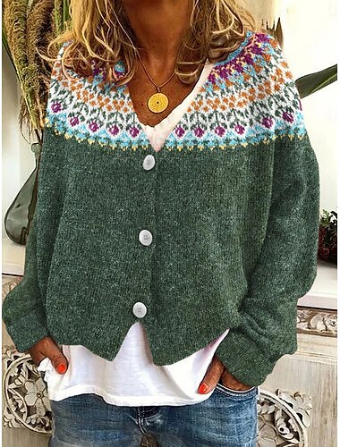  Damen Pullover Lässig Weich Blumen Gerippt V Ausschnitt Knöpfe Gestrickt Druck Langarm Normale Oberteile Stricken Outdoor Täglich Wochenende Blau Grün Herbst Winter