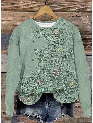  Damen Pullover Sweatshirt Blumen Warm Vintage Western Langarm Rundhalsausschnitt Normale Oberteile Heim Straße Alltagskleidung Druck Weiß Dunkelpink Blau Grün Grau Sommer Frühling Herbst Winter
