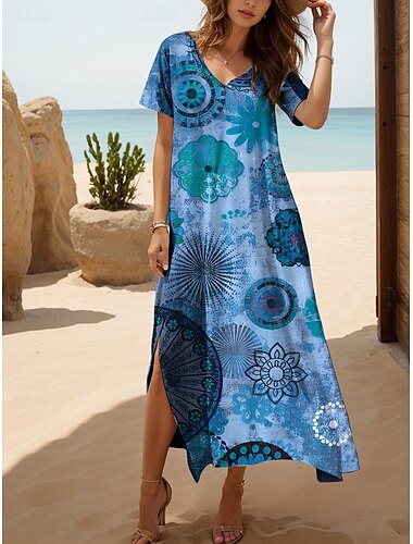  Damen Midikleid Freizeitkleid Sommerkleid A Linie Kleid Bohemien Urlaub Lässig Strand Lässiger Schnitt Grafik Boho Paisley Damast Kurzarm V Ausschnitt Gelb Rote Blau Purpur Sommer Frühling Herbst