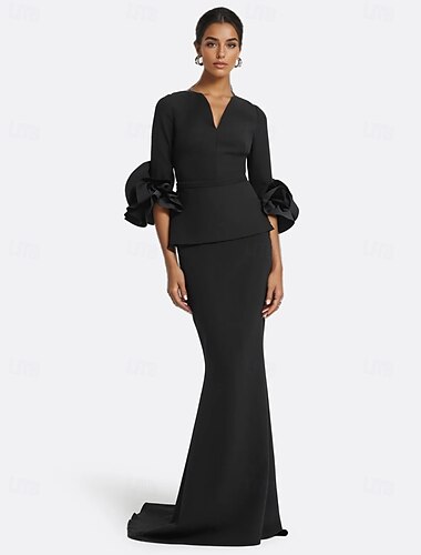  schwarzes Meerjungfrauen-/Trompeten-Abendkleid, elegantes, formelles Kleid, bodenlang, lange Ärmel, V-Ausschnitt, Stretch-Krepp mit Rüschen, 2025
