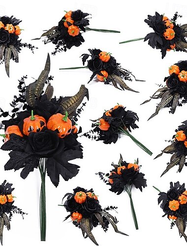  Halloween schwarzer Kunstblumenstrauß, Gothic Rose Eukalyptus Kürbis Blumenarrangement, gruseliges Home Party Tischdeko Set