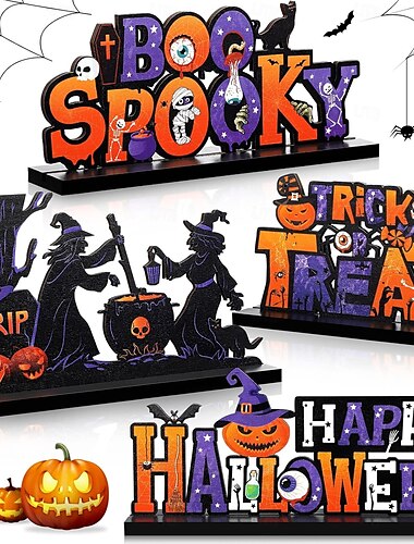  4er-Pack Halloween-Tischdekorationen aus Holz, Trick or Treat-Schilder mit Buh-Geist-Hexe-Kürbis, rustikale Tischdekoration für Partys im Innenbereich