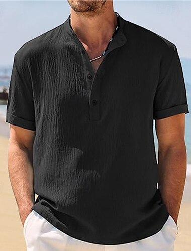  Herren Hemd Popover-Hemd Sommerhemd Freizeithemd Strandhemd Schwarz Weiß Marineblau Kaki Hellgrau Kurzarm Einfach Stehkragen Urlaub Hawaiianisch Bekleidung Polyester Mode Lässig Bequem