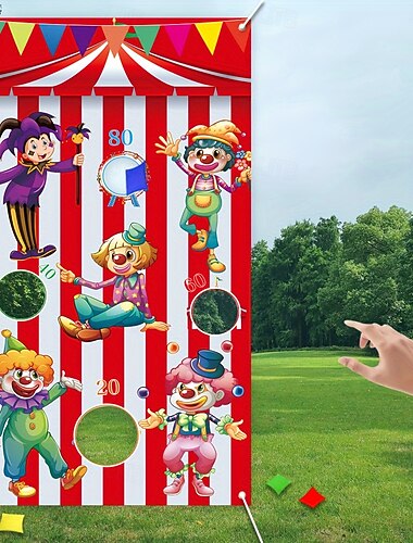  Gioco circense all'aperto, festa, vibrante, 1 pezzo, bandiera in sacco di sabbia per gioco circense, 53 x 30 cm, striscione in raso resistente con clown colorati &giochi di lancio per divertimento in