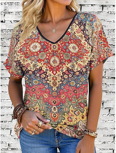  Mujer Camiseta Graphic Geométrico Vintage Elegante Moderno Manga Corta Escote en Pico Tops regulares Diario Estampado Amarillo Azul Piscina Verde Trébol Verano Primavera