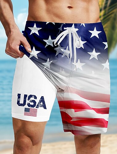  Jour de l'Indépendance Homme Patriotique Drapeau des États-Unis 4 juillet Short doublé Short de bain 2 en 1 Maillots de bain Taille Moyenne Fête Poches Latérales Avec doublure de compression Taille