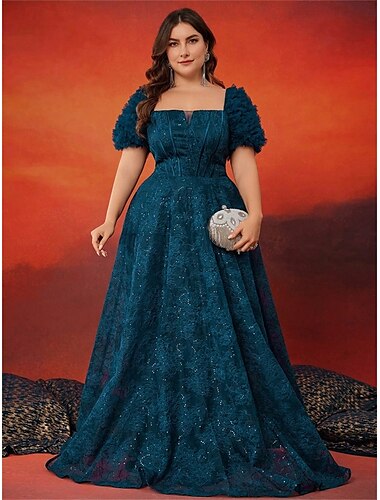  A-Linje Plus Size Klänningar Elegant Curve Klänning Formell Bröllop Golvlängd Kortärm Fyrkantig Halsspets med Fållar 2025