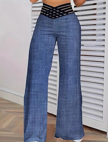  Femmes Culottes Jambe Large Chinos Vacances ancien Style Ethnique Longueur complète Taille haute Couleur Unie Trou Confortable Respirant Doux Micro-Élastique Extérieur Vacances Occasionnel Bleu