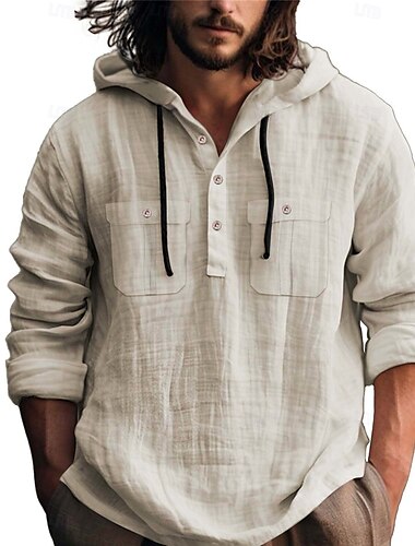  Herren Hemd Weißes Baumwollhemd Lässiges Hemd Knopfhemd Baumwoll-Shirt Glatt Urlaub Strasse Schwarz Weiß Dunkelmarine Blau Langarm Mit Kapuze Frühling Bekleidung Tasche