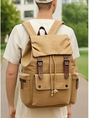  Zaino vintage da uomo in tela con spallacci in pelle, zaino da viaggio multitasche per scuola, lavoro, escursionismo e uso all'aperto
