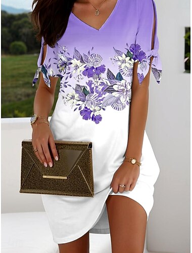  Damen Minikleid T-Shirt-Kleid A Linie Kleid Sportliches Kleid Elegant Urlaub Vintage Normale Passform Blumen Grafik Farbblock Kurzarm V Ausschnitt Marineblau Himmelblau Violett Sommer