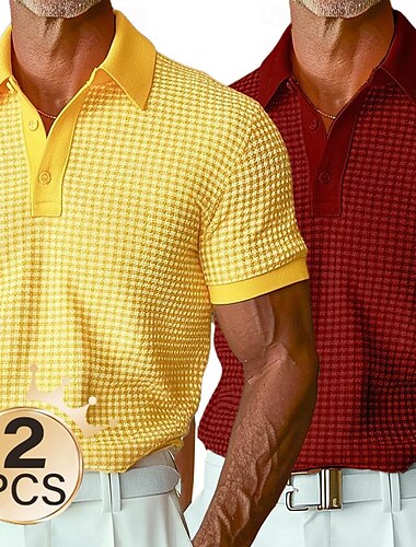  Herren 2-teiliges Waffel-Poloshirt für den Urlaub, lässig, Turndown, kurze Ärmel, Urlaub, Freizeit, einfarbig, Tasche, Sommer