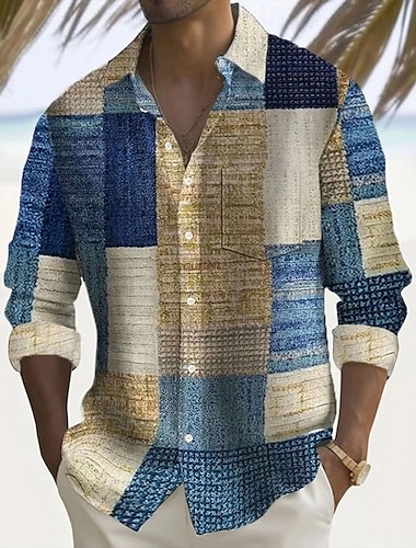  Herren Geometrisch Farbblock Patchwork Hemd Knopfhemd Langarm Modisch lässig Outdoor Täglich Streetwear Frühling Herbst Umlegekragen 3D-Druck Eine Tasche vorne Leinenähnliches Hemd Blau