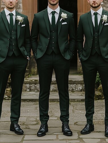  Pour des hommes Mariage Affaires Costumes Vert foncé Mode Formel Couleur Unie Coupe Standard 3 pièces Simple Boutonnage Deux Boutons