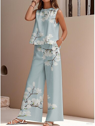  Elegante Damenmode Streetwear Zweiteiler Bluse Weste Hose Ärmellos Rundhalsausschnitt Outdoor Arbeit Casual Blumendruck Urlaub Alltag Blau Lila Grau Sommer Regular Fit