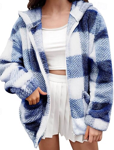  Damen Freizeitjacke Kapuzenjacke Warm Bequem Reißverschluss Tasche Outdoor Lässig Karomuster Urlaub Straße Ausgehen Reisverschluss Regulär Mit Kapuze Normale Passform Langarm Oberbekleidung Schwarz